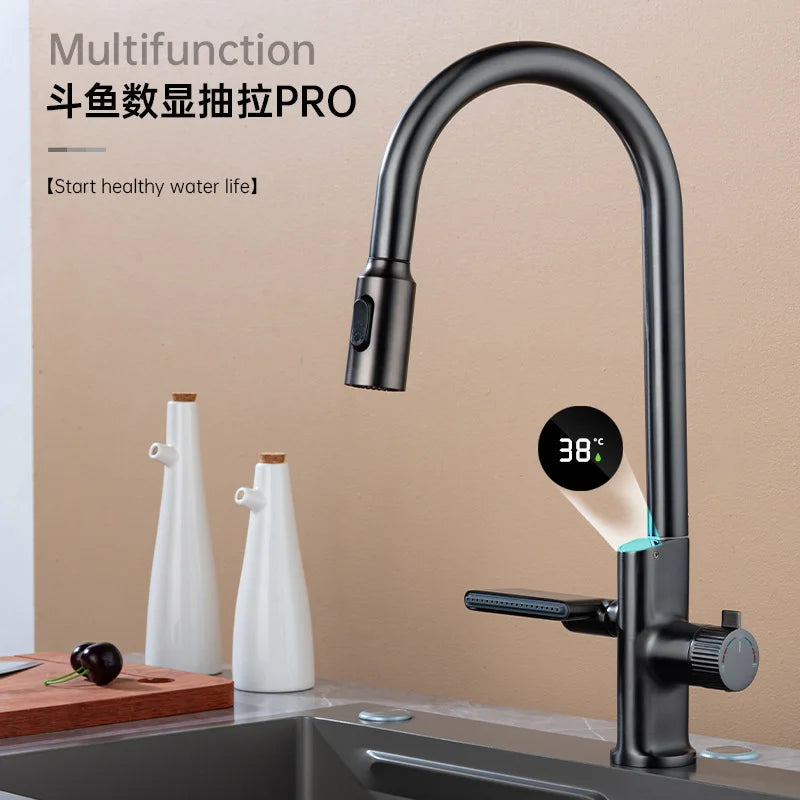 304 Stainless Steel Kitchen Faucet with Waterfall Sink Countertop Installation Hot Cold Mixer 360° Rotation for Kitchen