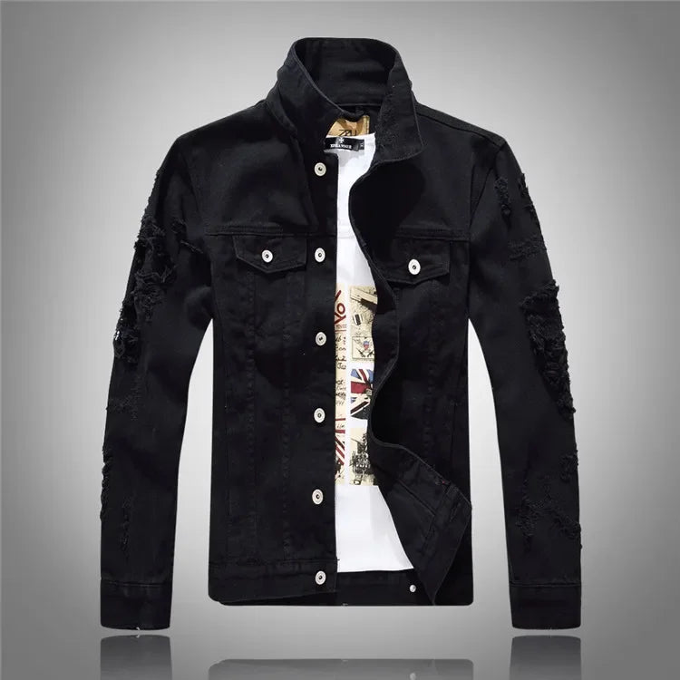 Men White Denim Jackets Holes Jeans Coats New Spring Autumn Solid Denim Coats Male Cotton Casual Fit Jeans Jackets Size 4XL