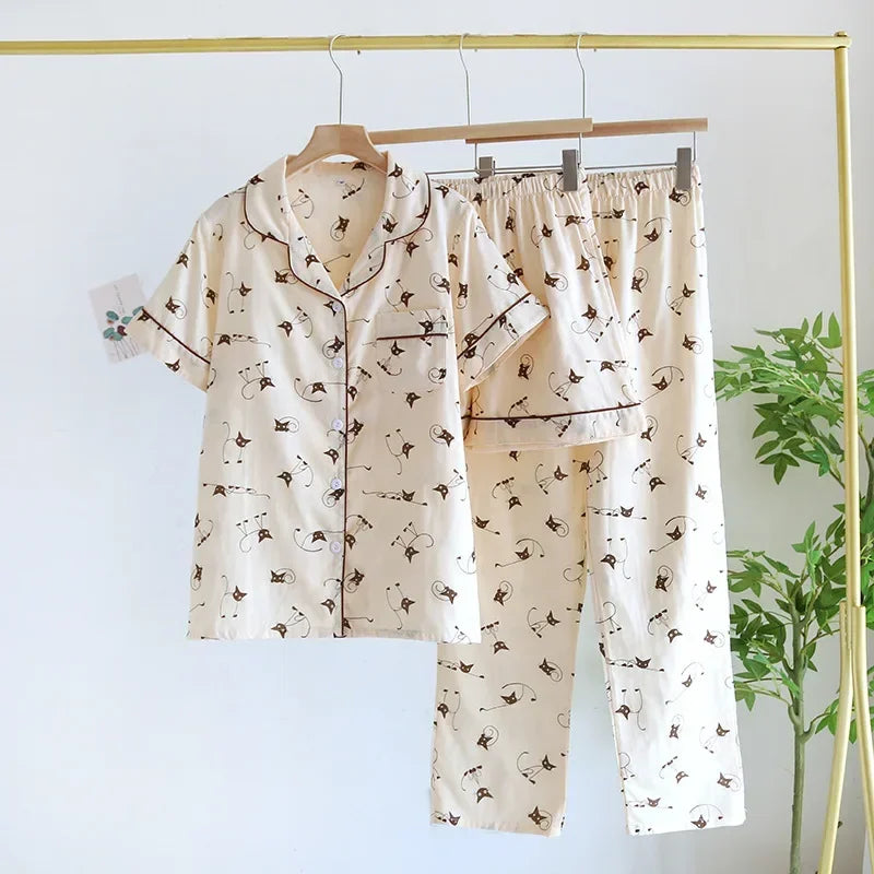 Three-piece Japanese-style pajamas women spring and summer autumn 100% cotton gauze short-sleeved shorts trousers summer suit ho