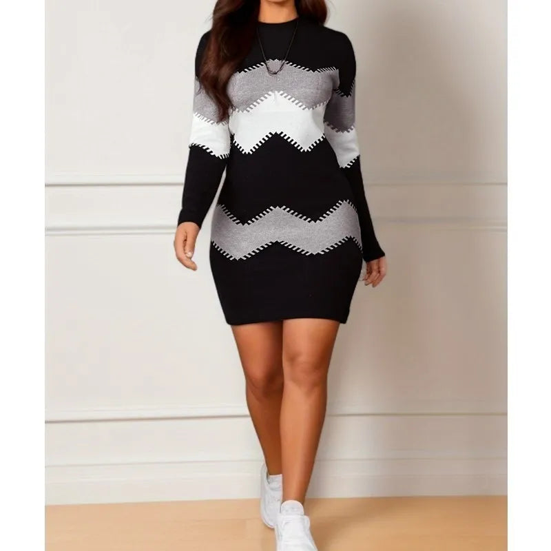 Women's Casual Elegant Round Neck Long Sleeve Printed A Line Midi Dress British Style Regular Fit Pullover for Women Female