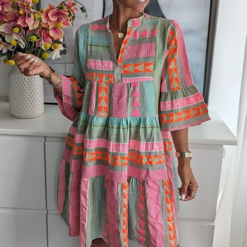 Knee Length Printed Dress Printed Design Breathable Three Quarter Sleeve Dress Loose Fit Comfortable V-Neck Dress Women Wear