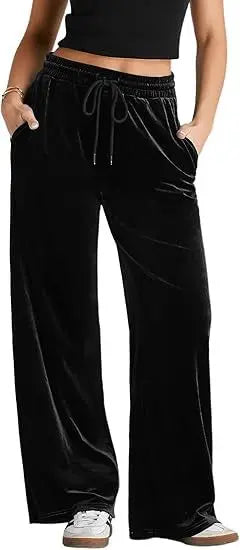 Women's High Waist Velvet Wide Leg Pants Drawstring Elastic Waist Loose Casual Trousers Autumn Winter Solid Color Long Pants B