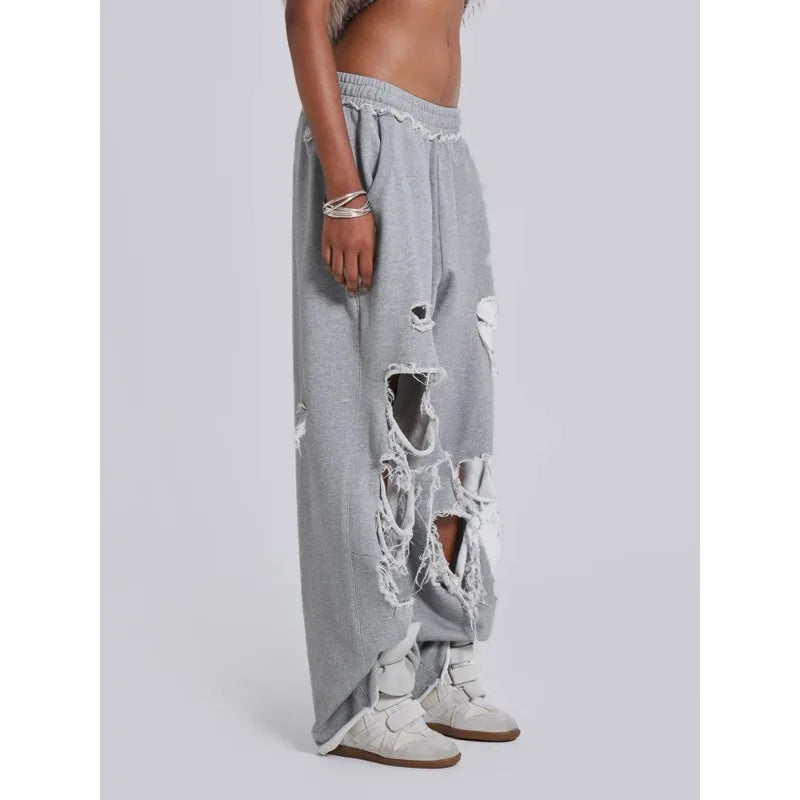 Y2k Grey Ripped Women's Jogging Wide Leg Pants American Retro Hip-hop Drape Thin Sports Pants Solid Color Loose Casual Summer