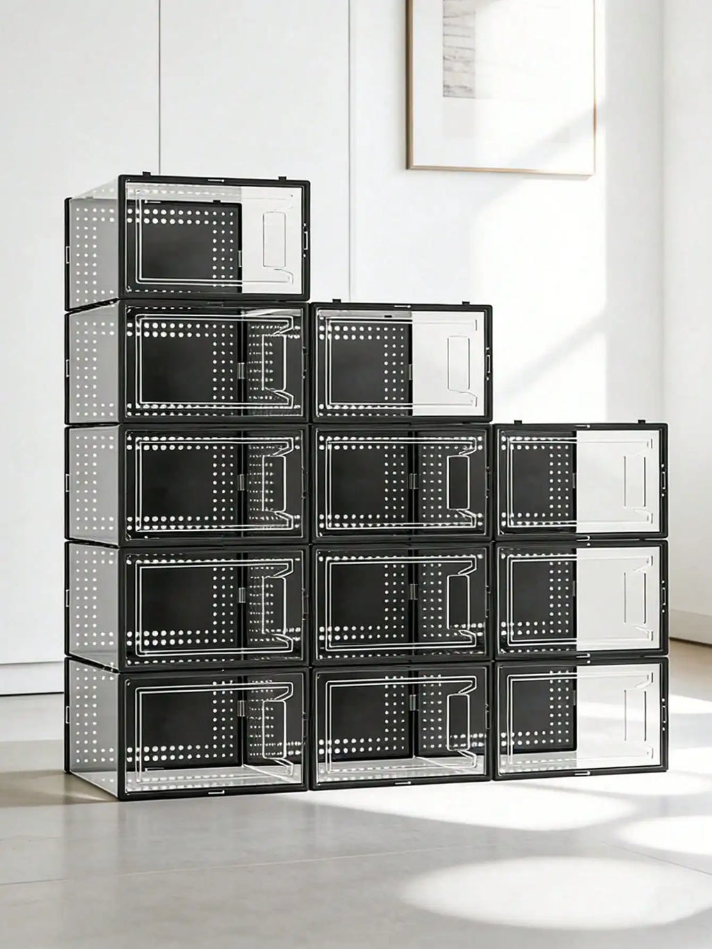 12 Pack Large Clear Plastic Stackable Shoe Storage Boxes with Lids, Modular Space Saving Sneaker Display Organizer Bins for Closet