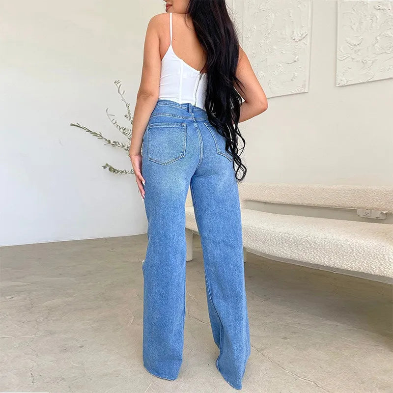 Baggy Jeans Women Flared Denim Pants High Waist Wide Leg Distressed Denim Jeans Light Wash Ripped Frayed Hem Jeans Pants