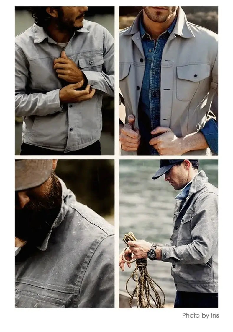 Maden Men's Vintage Oil Waxed Jacket V Waterproof Hunting Coat Double Pleats Grey Canvas Outwear with Patch Pockets for Autumn