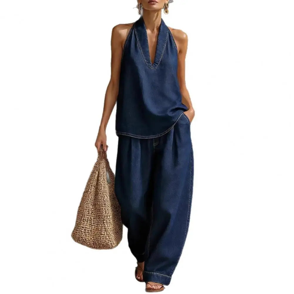Women Sleeveless Denim Suit  Halter Denim Set For Women Sleeveless Tank Top And Wide Leg Pants Sets Summer Two Piece Outfits