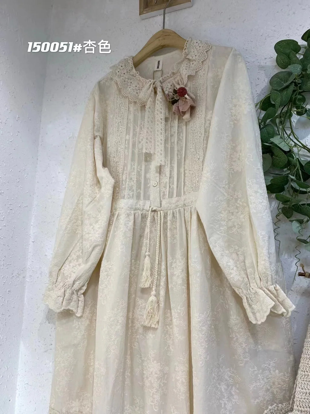 Vintage Embroidery Long Sleeve Cotton Linen Dresses Women Japanese Mori Girl Ruffled Lace Collar Loose Midi Dress Casual Vestido