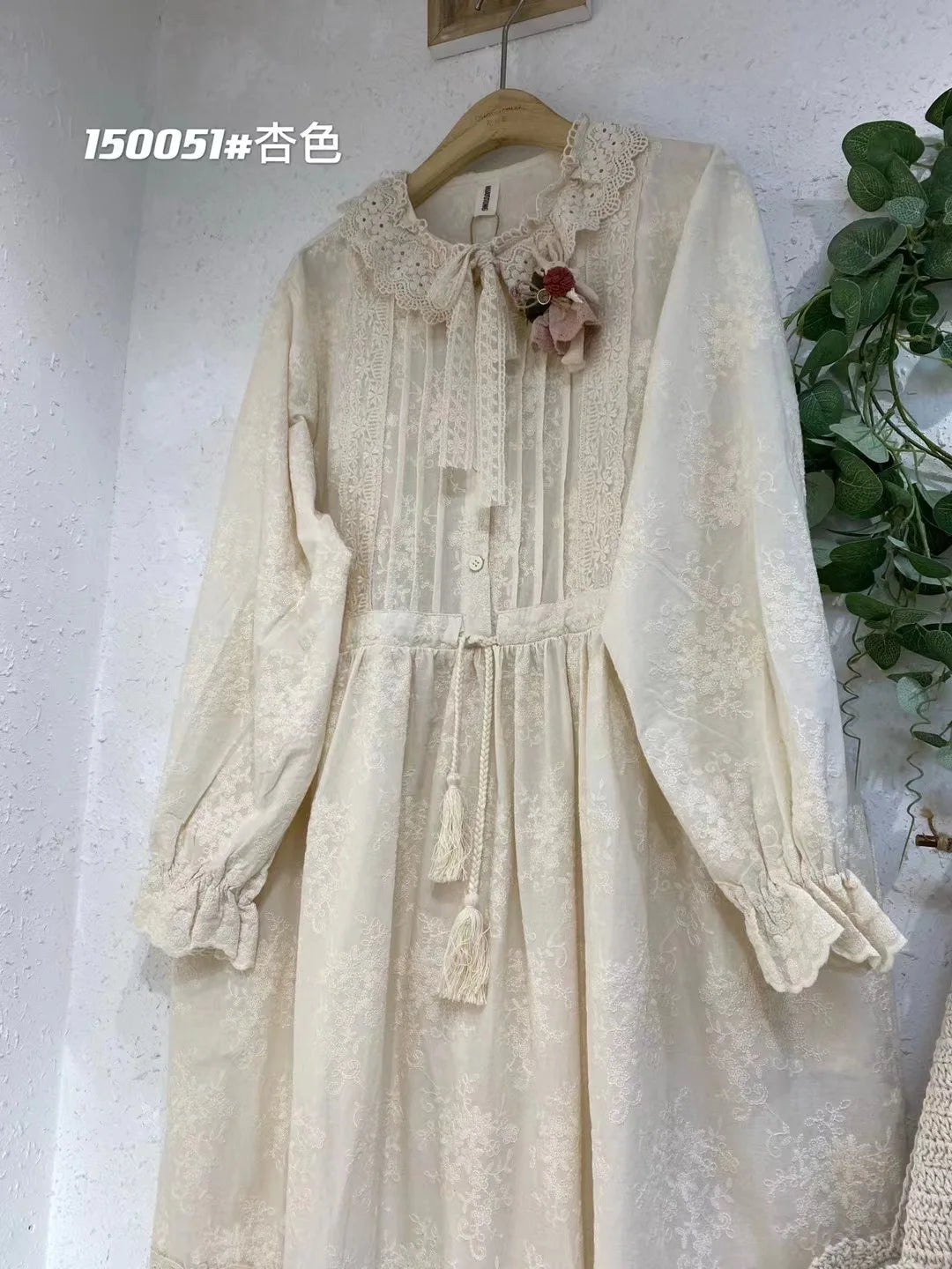 Vintage Embroidery Long Sleeve Cotton Linen Dresses Women Japanese Mori Girl Ruffled Lace Collar Loose Midi Dress Casual Vestido