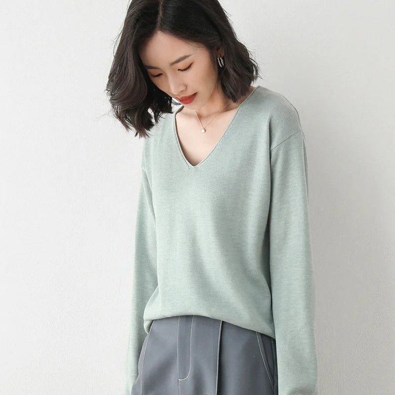 2025 Spring Autumn Womens Sweater Solid Knitwear Korean Loose Female Basic Casual Jumpers Stretch Pullover Sky Blue Pink Sweater