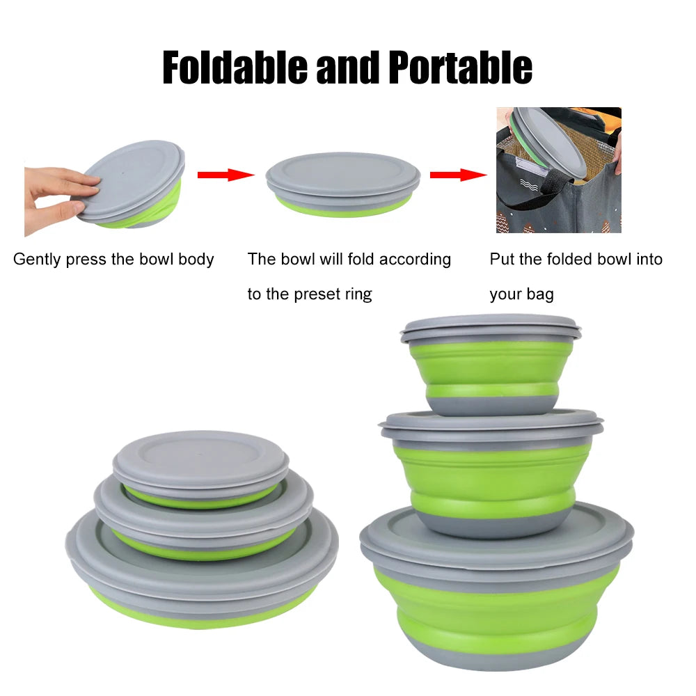 Folding Lunch Box Bowl Sets Silicone 3Pcs/Set Food Container Tableware Set Foldable Salad Bowl with Lid Portable