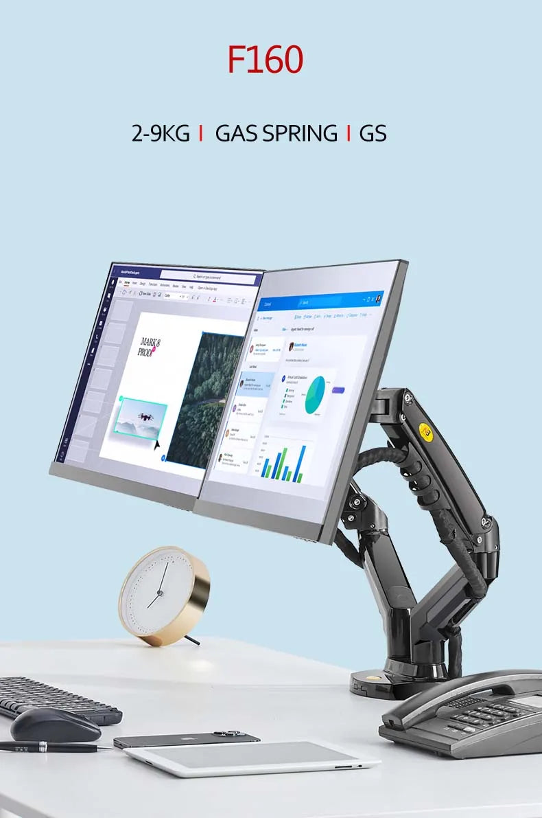 NEW F160 Gas Spring 10'-27' Dual Monitor Holder Arm Desktop 360 Rotate Computer Holder 2-9KG Monitor Bracket with 2 USB3.0