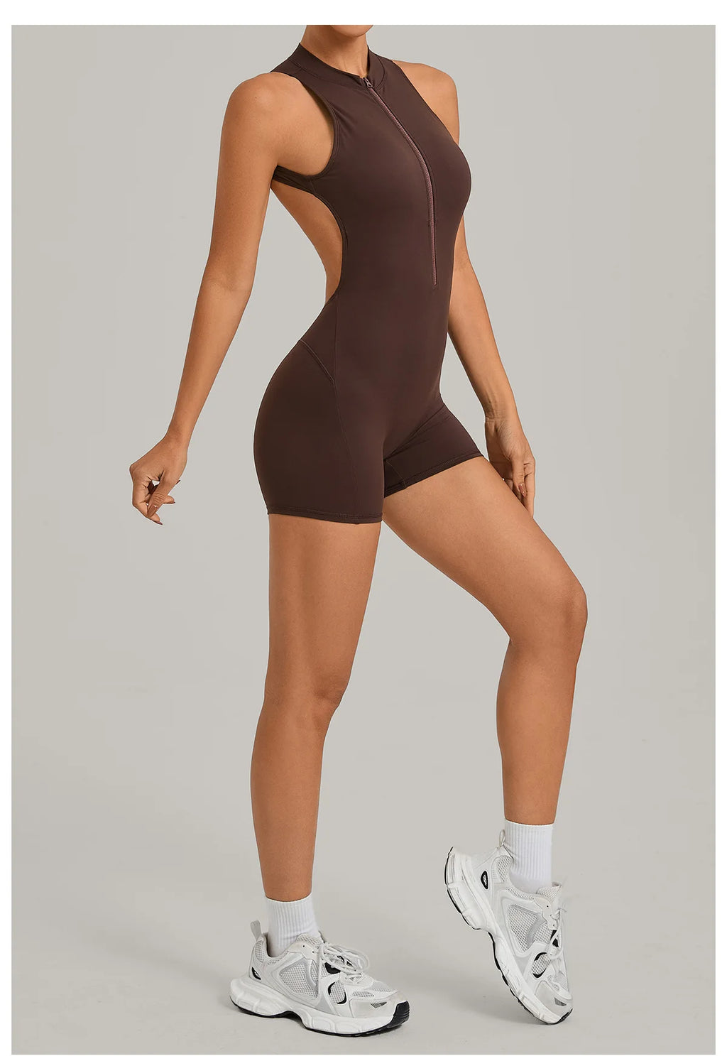 Sexy Hollow Backless Unitard Gym Women Romper Sleeveless Zipper Scrunch Butt Short Jumpsuit for Fitness Sports Short Playsuit