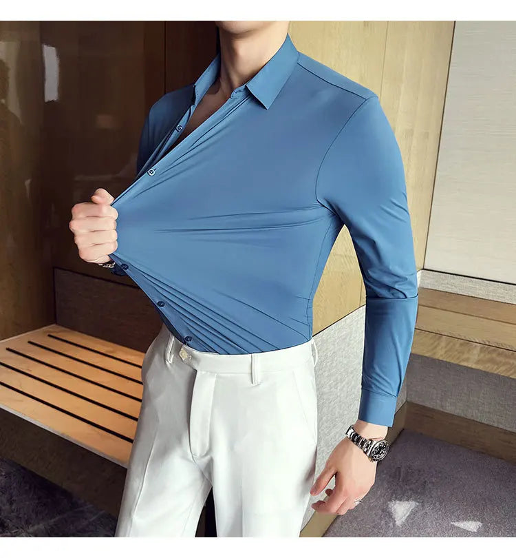 Men's Ultra Stretch Seamless Long Sleeve Shirt Top Quality Business Casual Breathable Stretchable Solid Color Formal Dress Shirt