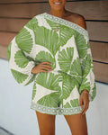 2-Piece Shorts Set for Women's Casual Loose Vacation Style Lantern Sleeve Top and Elastic Waist Shorts Printed Set
