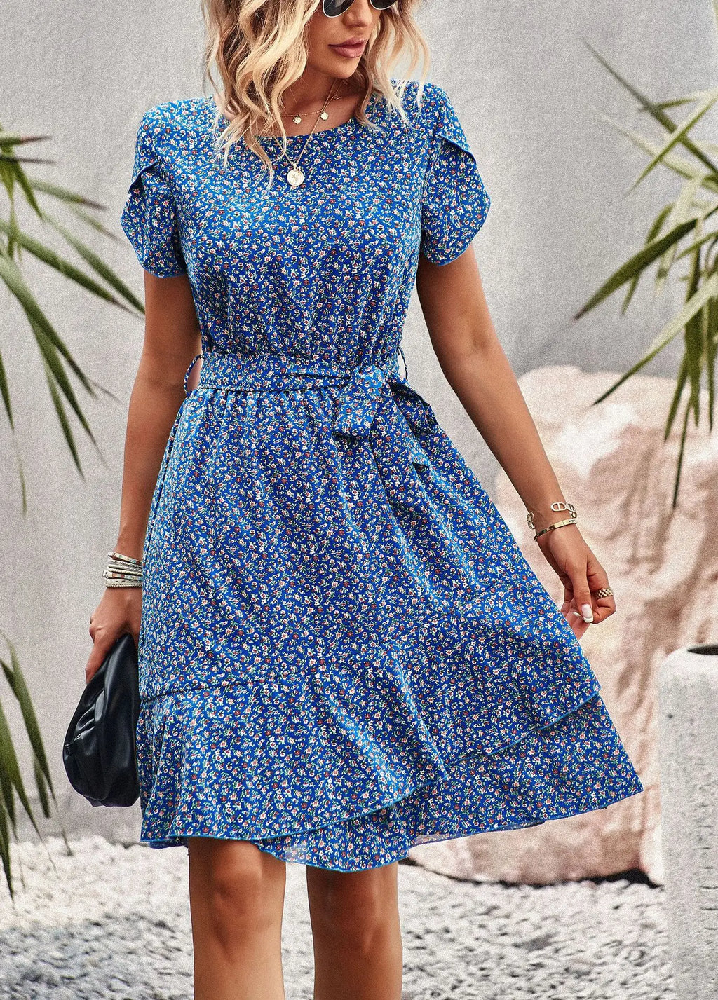 Msfilia Fashion O Neck Casual Printd Dress Women Summer Strap High Waist Pleated Dresses For Female