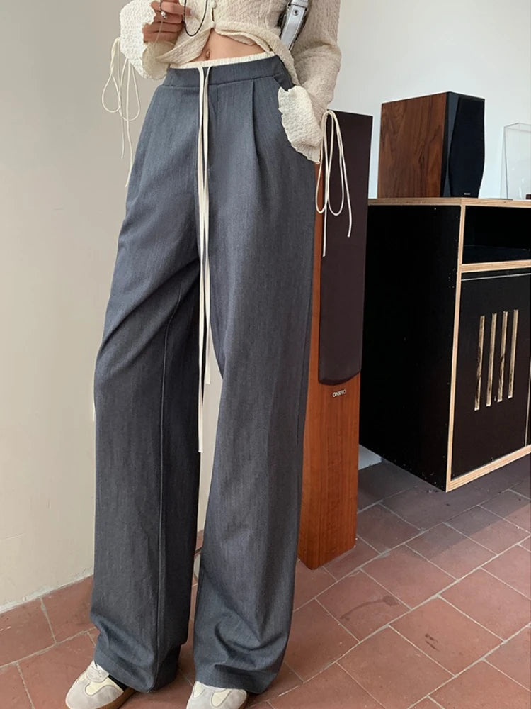 Elastic Waist Drawstring Loose Slim Casual Versatile Trousers 2026 Autumn New High Waist Women Wide Leg Suit Pants