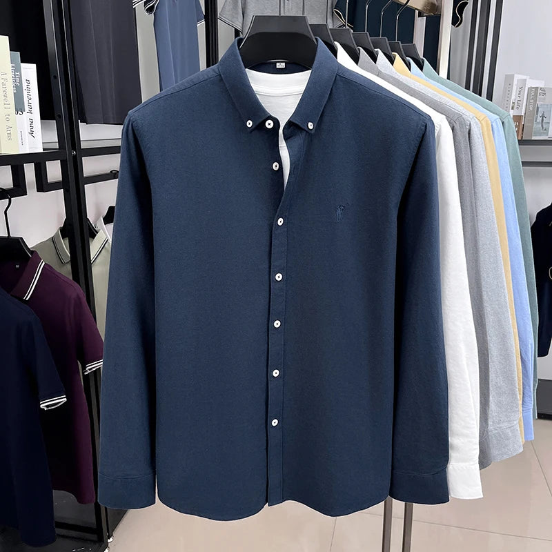 High End 100% Pure Cotton Long Sleeved Men's 2026 Spring Fashion Solid Color Business Casual Small Horse Logo Shirt
