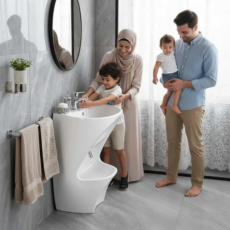 Ceramic Bathroom Sink Double Level Wash Stand Full Pedestal Muslim Wudu Basin