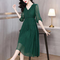 Women's Vintage Solid Elegant Evening Prom Dress Spring Holiday Boho Hepburn Vestidos 2025 Summer Luxury Silk Casual Midi Dress