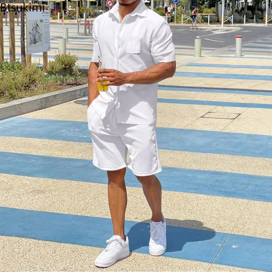 2026 Men's Summer Solid Casual Sets Comfy Cotton Linen Short Sleeve Lapel Shirt and Shorts Two Piece Sets Men Loose Sport Outfit