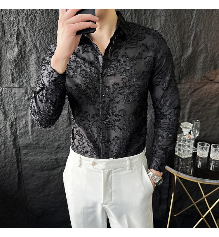 Tassels Shirts For Men Korean New Autumn Winter Long Sleeve Men's Social Shirt Slim Fit All Match Plain Color Blouse Homme 4XL-M