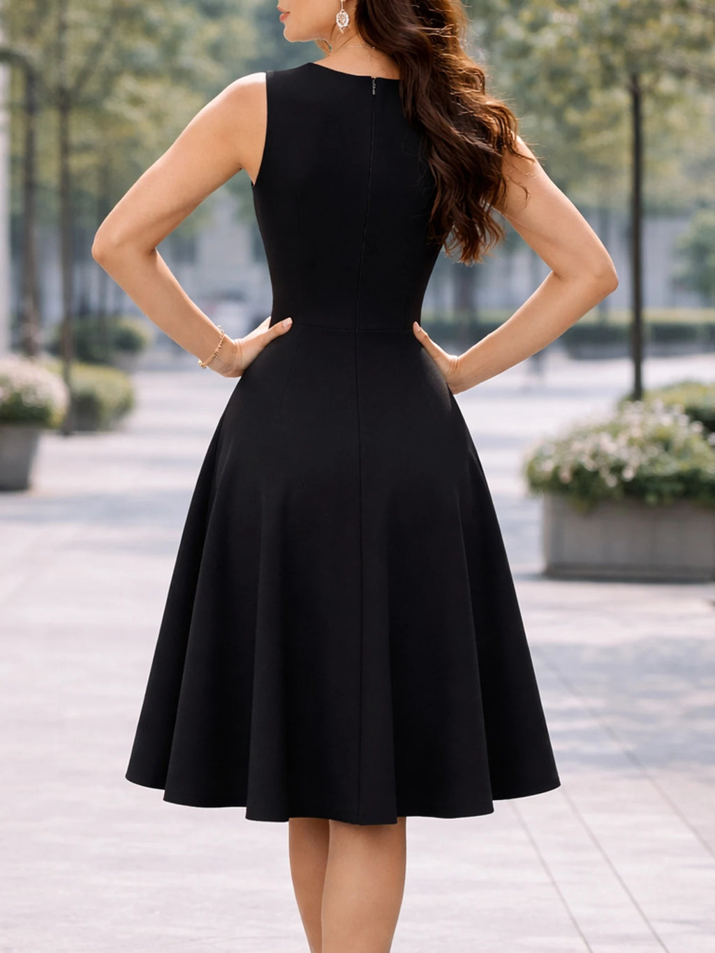 Womens Elegant Round Neck Sleeveless Summer Casual Fashion Party Knee Length Colorblock Fit and Flare Swing Dress