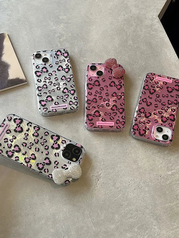 Colorful Leopard Blink Diamond Bowknot Lustre Lining Phone Case for iPhone 16 15 14 Plus 13 Mini 12 Pro Max 11 7 8 SE X XS XR