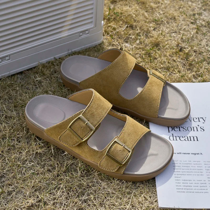 Suede Leather Mens Slippers Casual Sandals Breathable Slides Lightweight Summer Beach Flats Outdoor Walking Shoes Zapatos Hombre