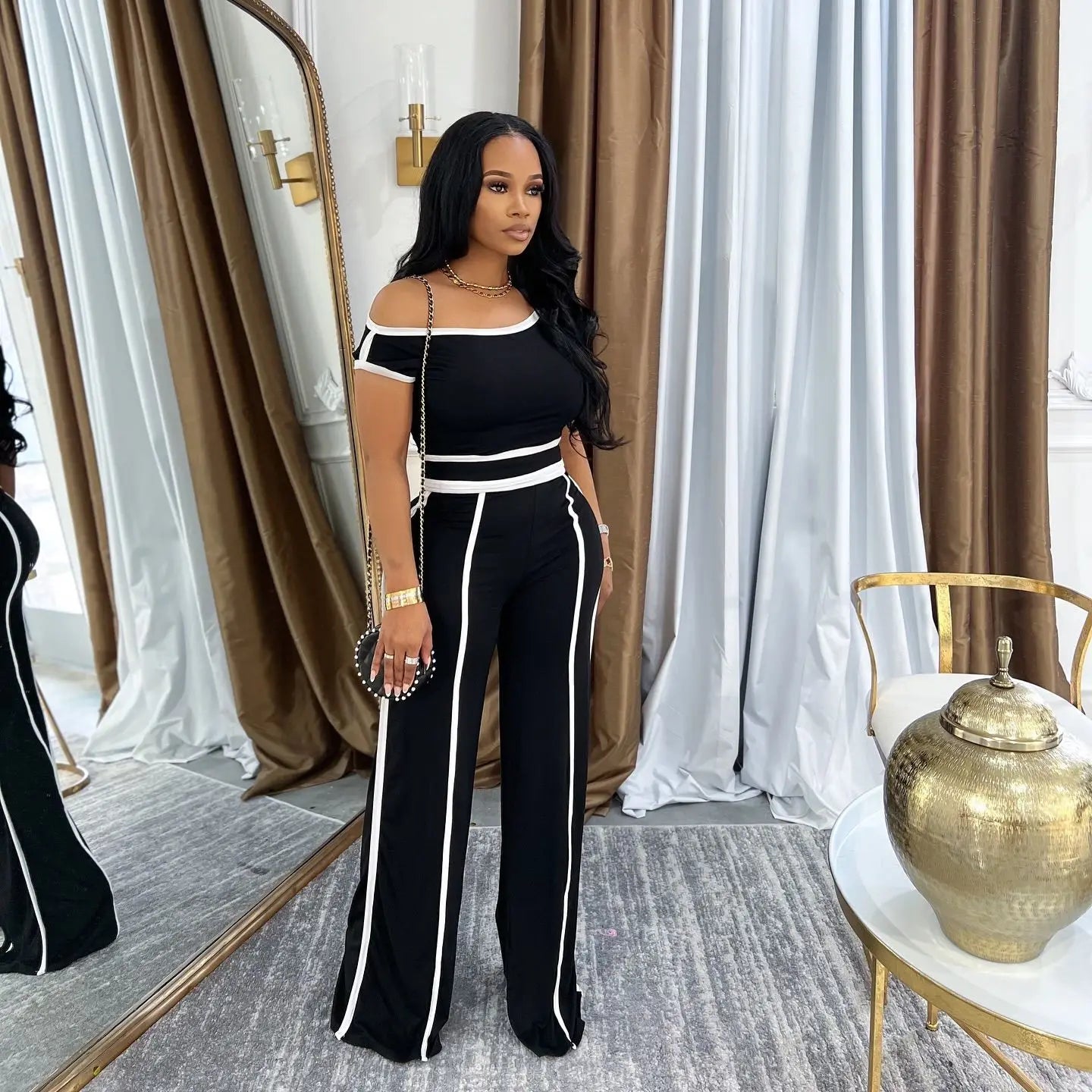 Casual Women's Solid Color Set with Diagonal Shoulders and Wide Legs, Two Piece Set, Summer 2025
