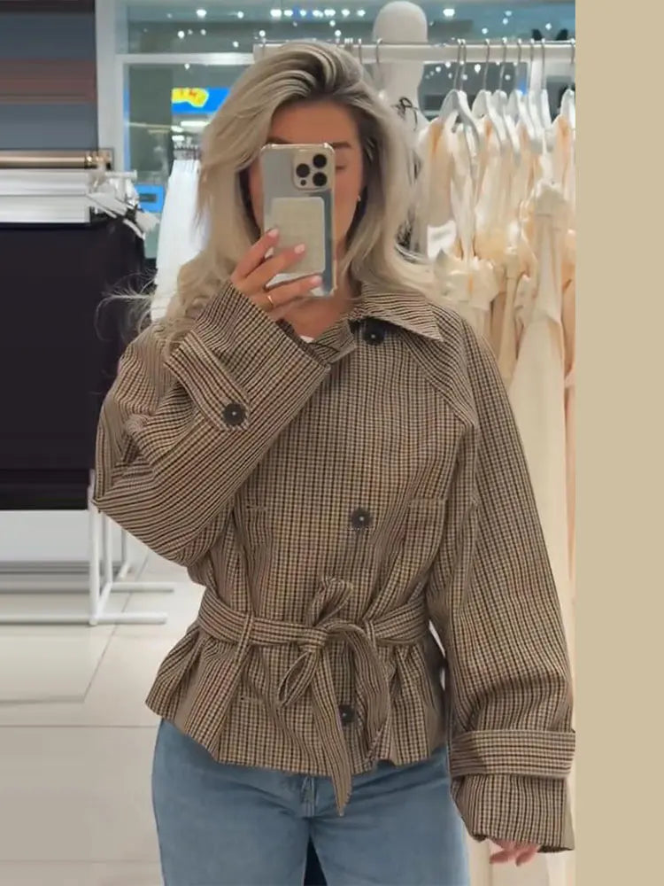 Loose Plaid Lace Up Jacket Women Vintage Double Breasted Full Sleeve Lapel Belts Jackets Female 2026 Autumn Outwear Lady