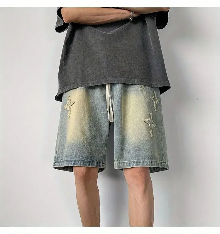 Embroidered Denim Shorts Men's Summer American Retro Street Five-point Pants Trendy Brand Trendy Loose