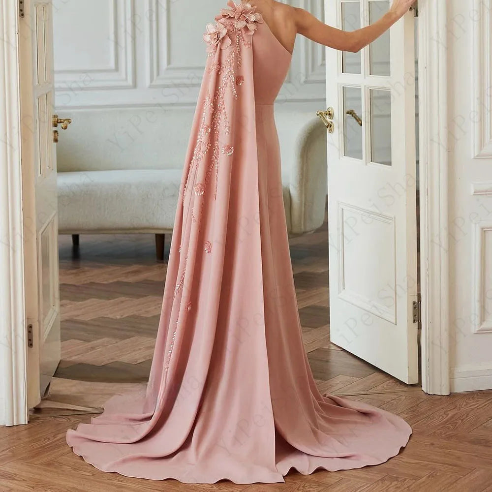 Customized Mermaid Prom Dresses Floor-Length One-Shoulder Sleeveless Evening Gown Fashion Flowers Crystal Stole Party Gown