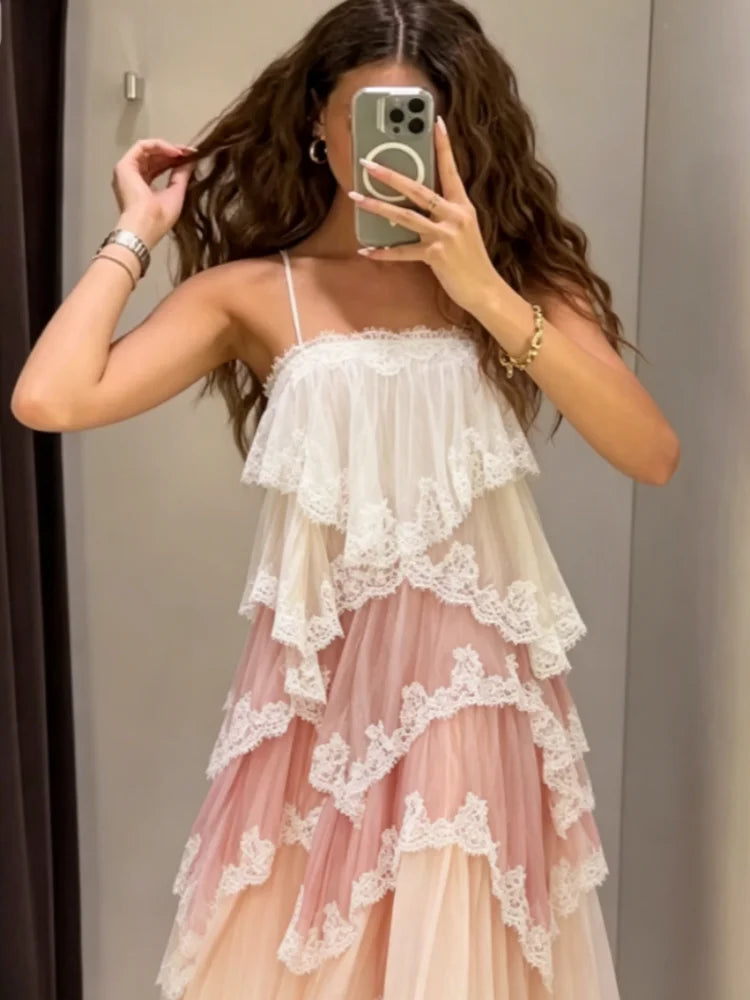 Romantic White Pink Tiered Lace Maxi Dress Spaghetti Straps Cross Back Tie Closure Flowy Skirt Women Date Party Vacation Outfit