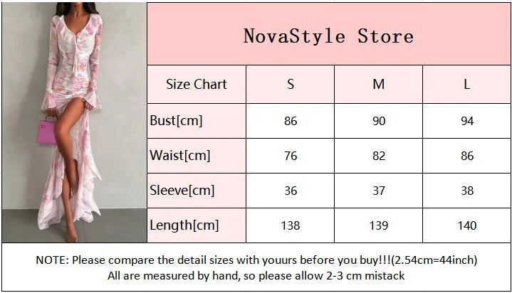 Women Pink Floral Print Maxi Dress Elegant V Neck Ruffle Trim Flare Sleeve Ruched High Chiffon Dresses 2026 Lady Party Vestido