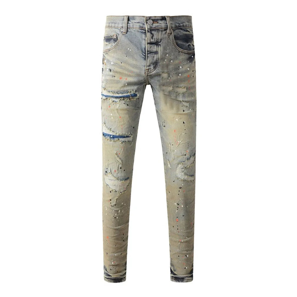 High Street American Distressed Men's Jeans Fashion Brand Coated Blank Stretch Skinny Button Fly Ripped Pants Trousers