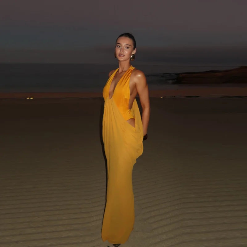 Chic Bohemian Yellow Dress Draped Chiffon Vintage Women Dresses Party Summer Vacation Beach Trendy Streetwear