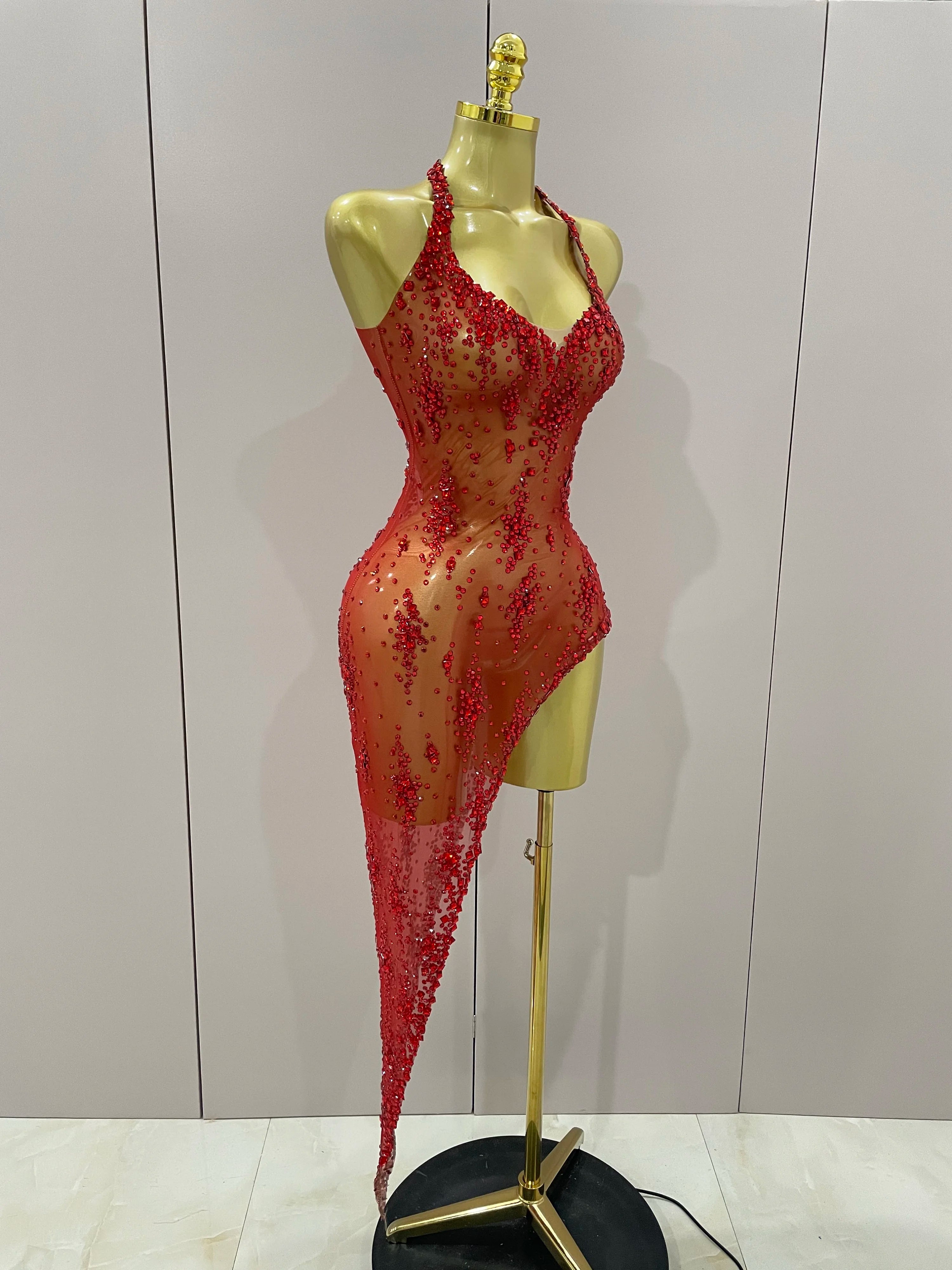 2025 New Sparkly Rhinestone V Neck Stretch Mesh Sexy See Through Dress Women Elegant Party Celebrate Perform Costume Stage Outfi