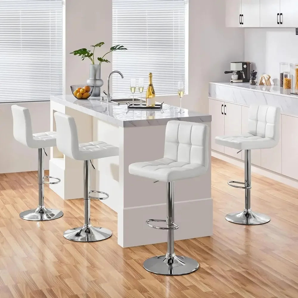 Set of 3 Adjustable Swivel Bar Stools, PU Leather, White, with Backrest and Footrest, Ideal for Kitchen, Dining, and Bar Areas