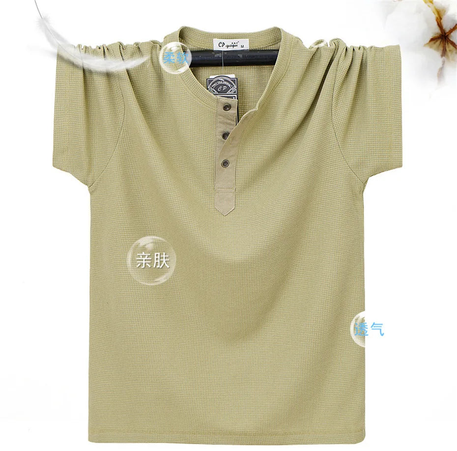 Henry Collar T-shirt Men Plus Size 7XL Summer Short Sleeve Tops Tees Fashion Casual Solid Color Tshirt Male Big Size