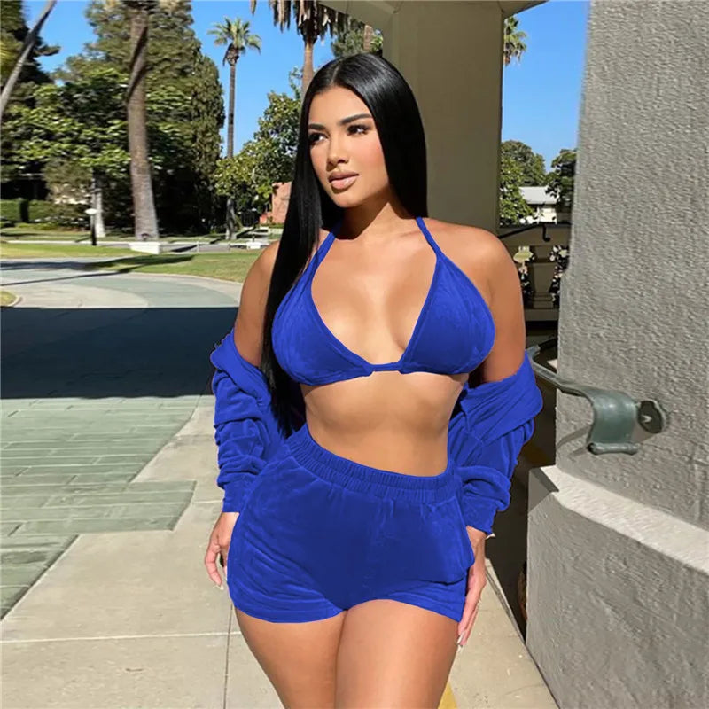 Velvet Tracksuit 3 Piece Set Women Fall Outfits Zipper Hoodies Jacket + Bra + Shorts Sets Sporty Matching Sets Jogging Femme