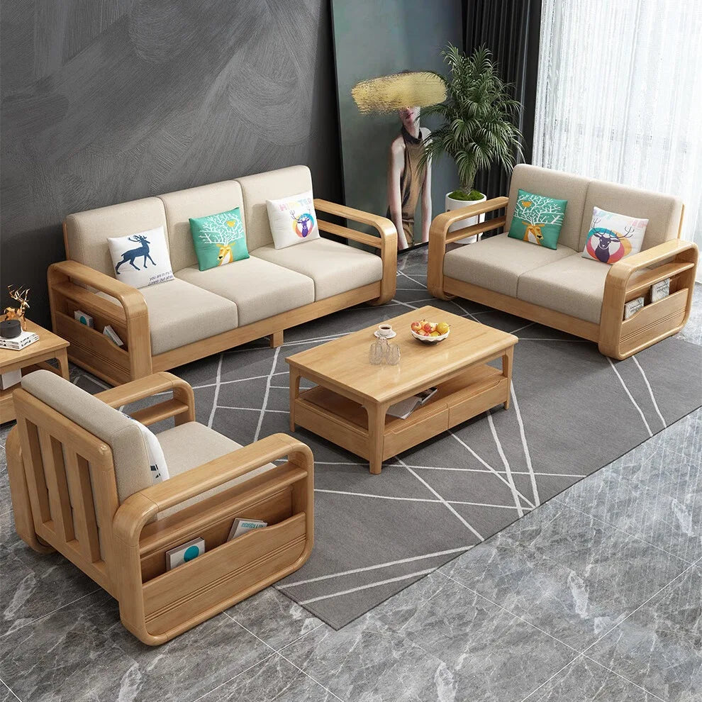 #Nordic Modern Simple Sectional Sofa Solid Wood and Fabric Living Room Furniture Set for Small Apartments