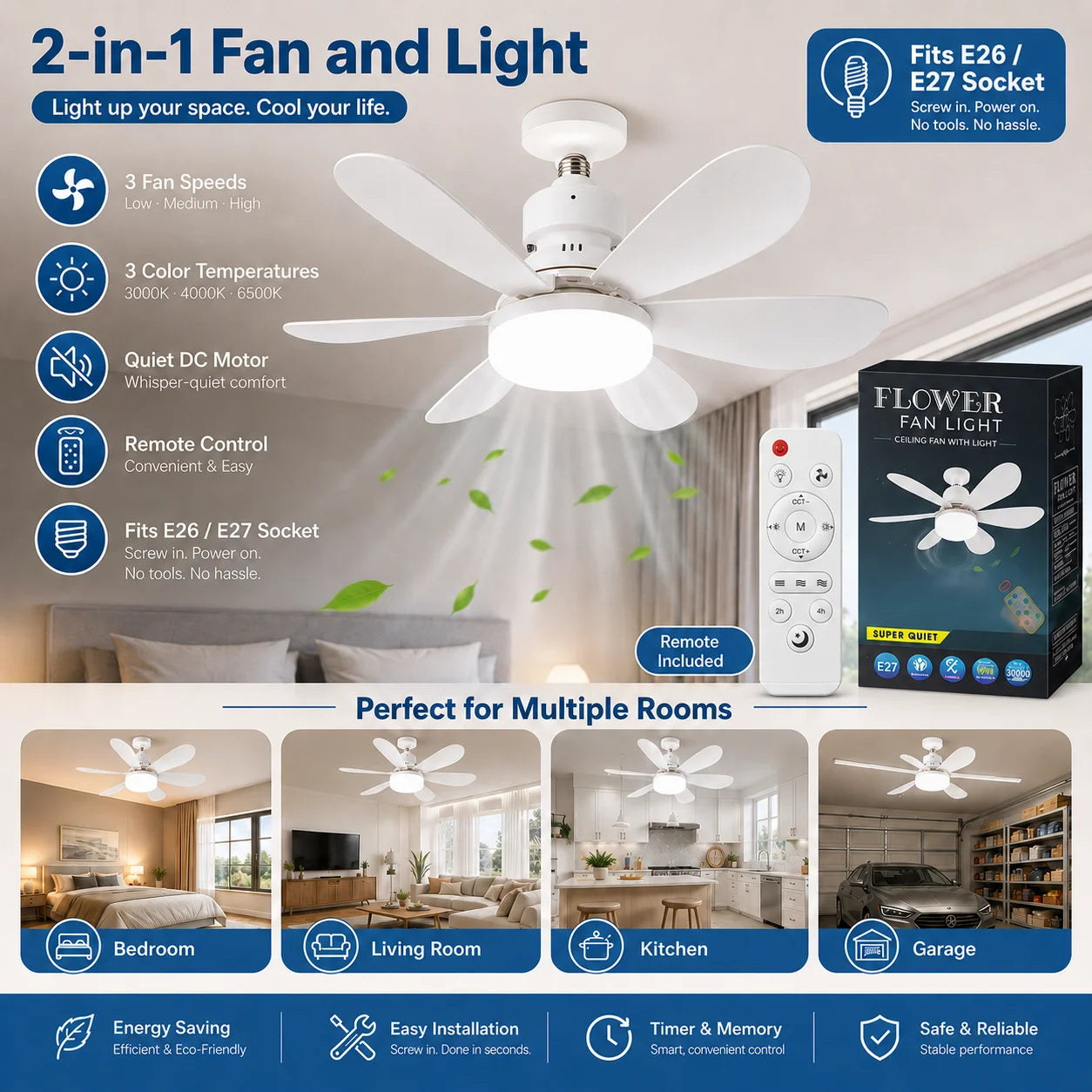 E27 LED Ceiling Fan Light with Remote 3 Color Dimmable Fan Lamp Rotatable Converter Base for Bedroom Living Room Kitchen