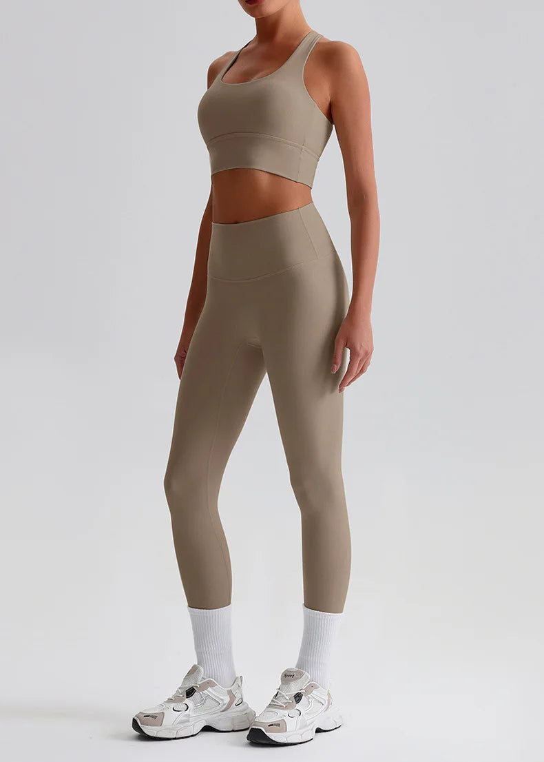 Naked Feel Yoga Set Women Fitness Sportswear 2 Piece Strappy Sports Bra High Waist Gym Leggings Workout Outfit Active Wear