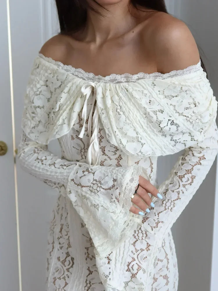 White Lace Flare Off Shoulder Dress Women Elegant Sexy Hollow Out Long Sleeve Slim Dresses 2026 Spring Lady Mermaid Floor Robe