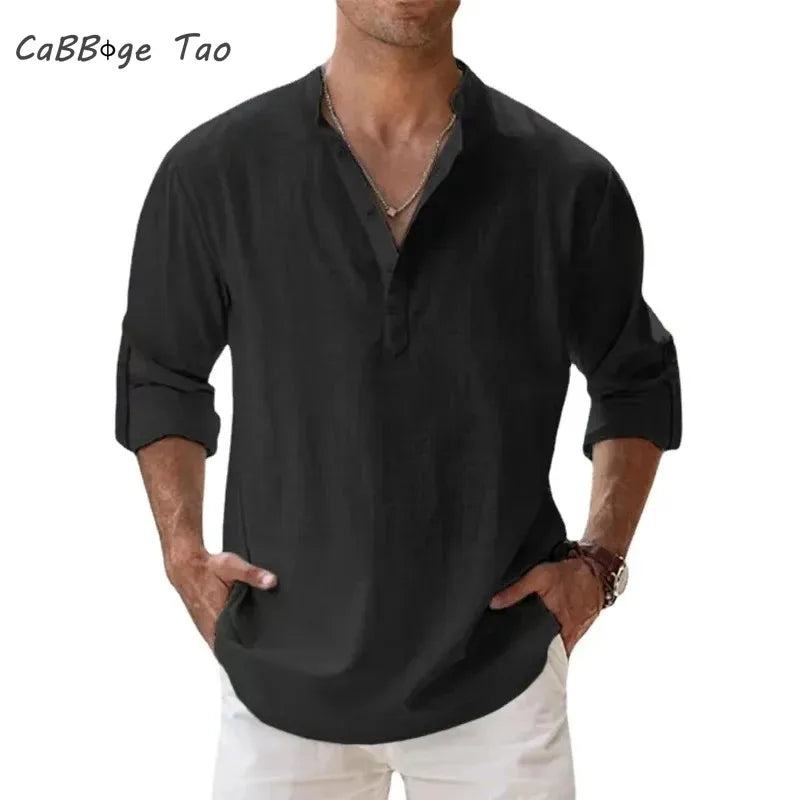 Spring New Men's Casual Slim Fit Polo Shirt Solid Color Breathable Button Long Sleeved Top Refreshing and Comfortable T-shirt