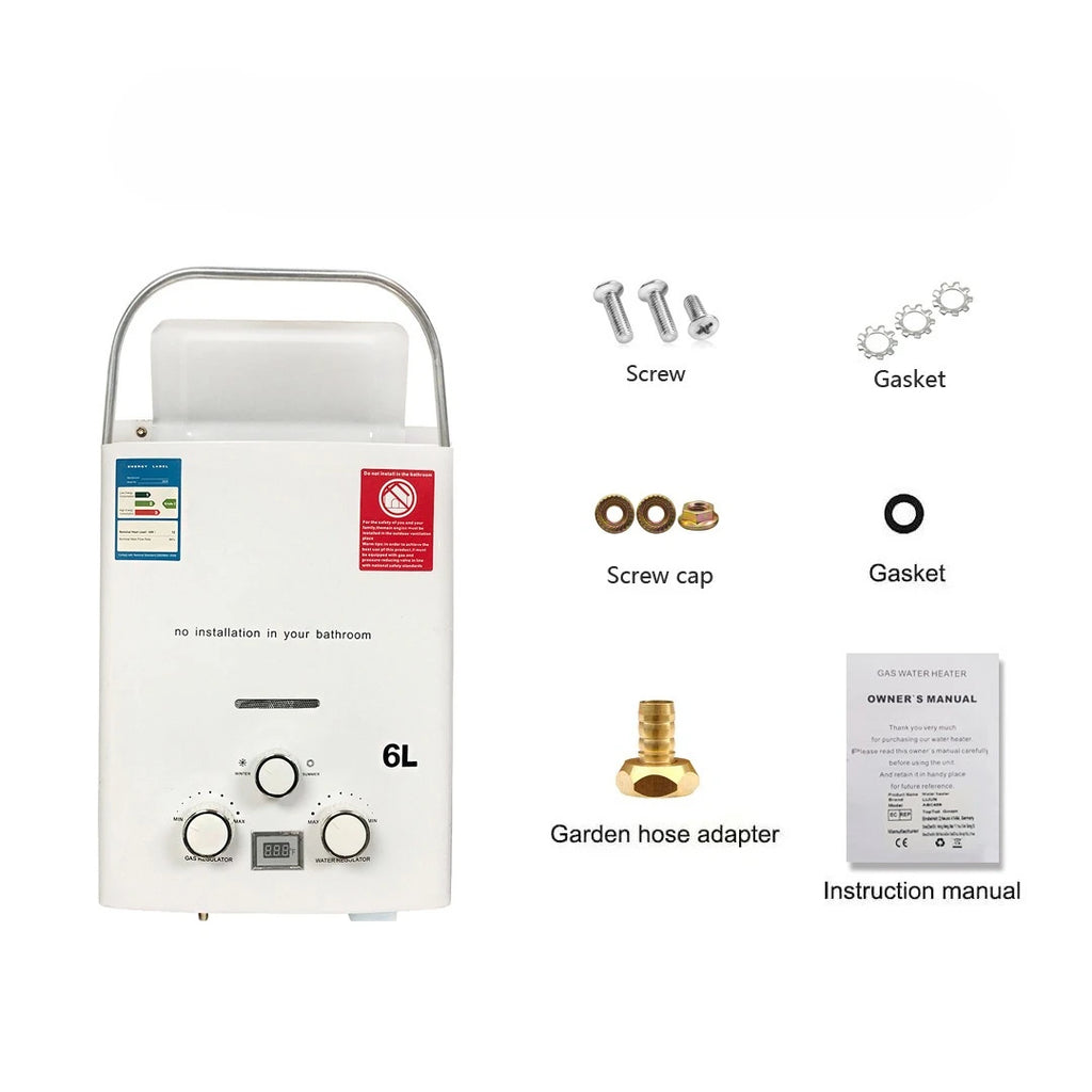 LPG Propane Water Heater 6L Instant Gas Water Heater Overheat & Dry-Burn Protection with Digital Display for Camping RVs Cabin