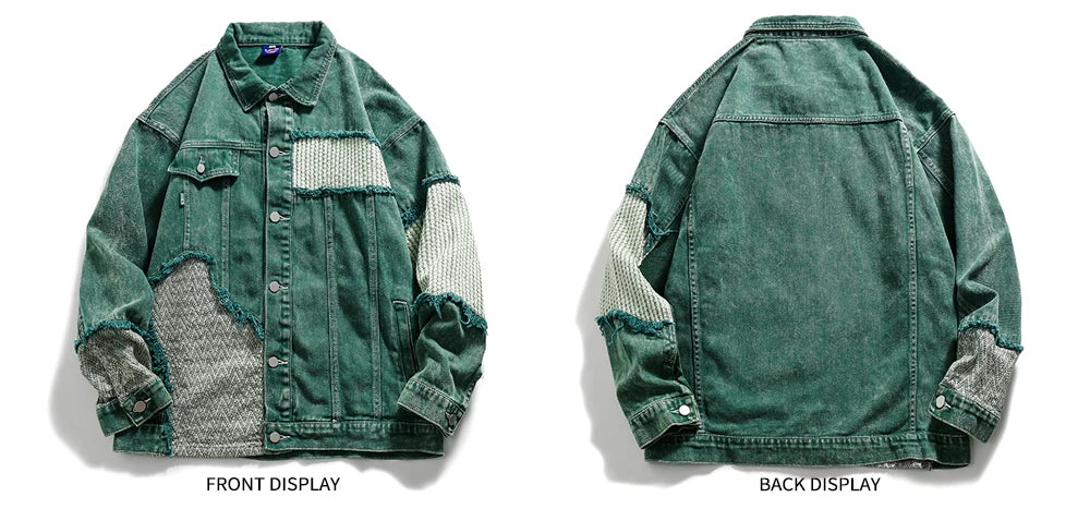 New Arrival Green Patchwork Men Women Unisex Denim Jean Jacket Coat Bomber Shirt Casual Couple Retro Vintage Streetwear Autumn