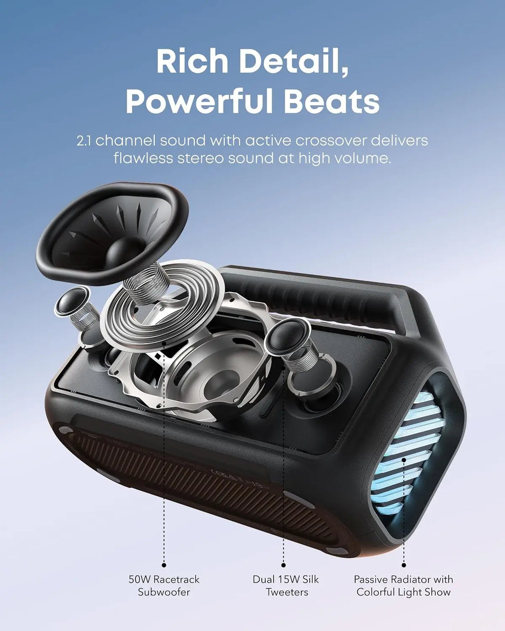 Boom 2 By Anker, Outdoor Speaker, 80W, Subwoofer, BassUp 2.0, 24H Playtime, IPX7 Waterproof, Floatable, RGB Lights, USB-C