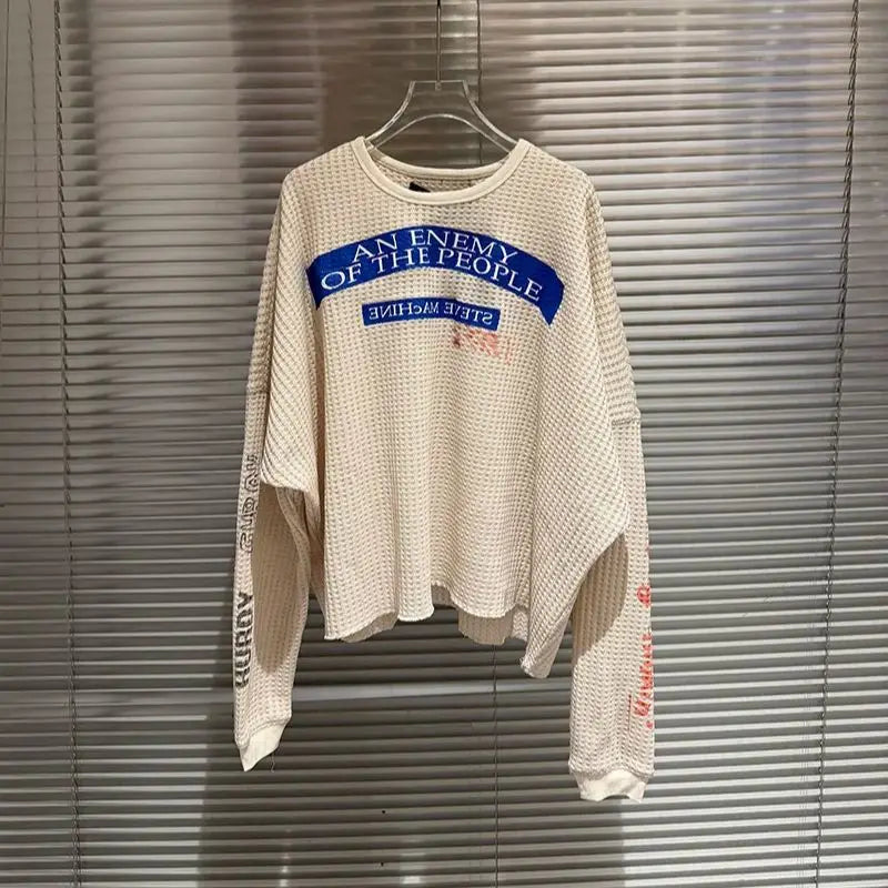 Streetwear Paly Waffle Long Sleeve T Shirt Men Woman High Quality Loose Casual Fashion All-match Crewneck New Top